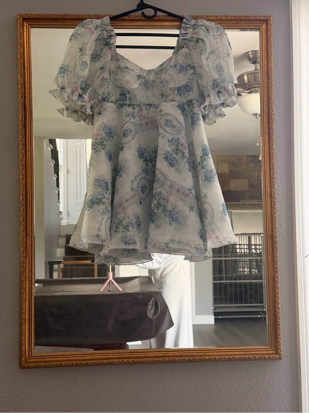 Selkie Sheer Floral Mini Dress in White and Blue